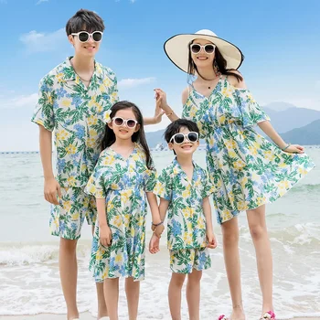 Rodina Zodpovedajúce Oblečenie Letné Beach Mama Dcéru Kvetinové Šaty Otec Syna T-tričko+krátke Nohavice Dovolenku Pár Oblečenie Set Prímorské 