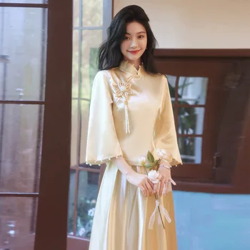 Šampanské Bridesmaid, Cheongsam Luxusné Saténové Svadobné Šaty Nový Čínsky Štýl Cheongsam Ženy Elegantné Qipao Dlho Vestidos